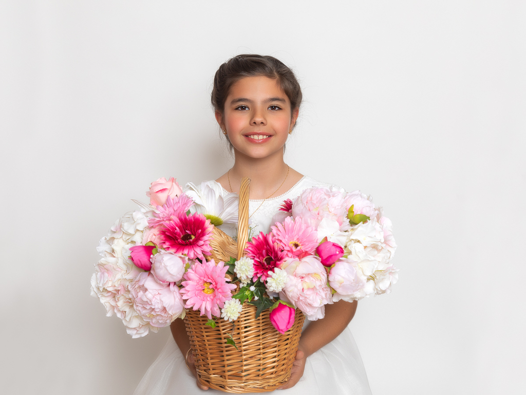 Retrato de niña de Comunión con cesto de flores rosas.